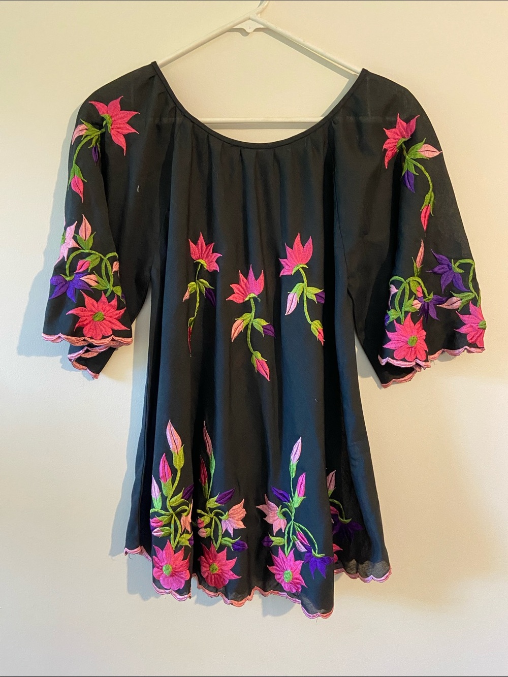 Vintage Black Embroidered Floral Peasant Top - Pink, Purple & Green